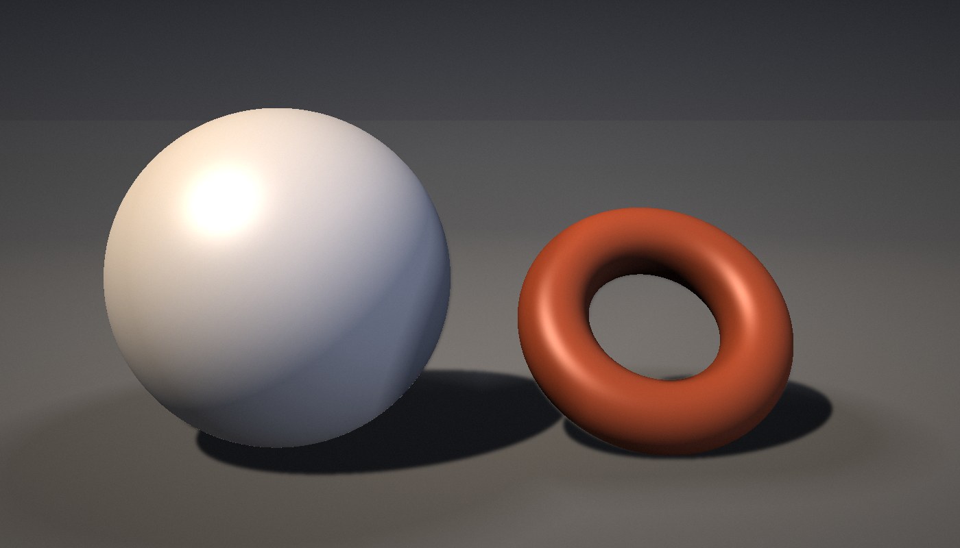 Studio still life: a pale sphere and a rust-red torus on a grey backdrop